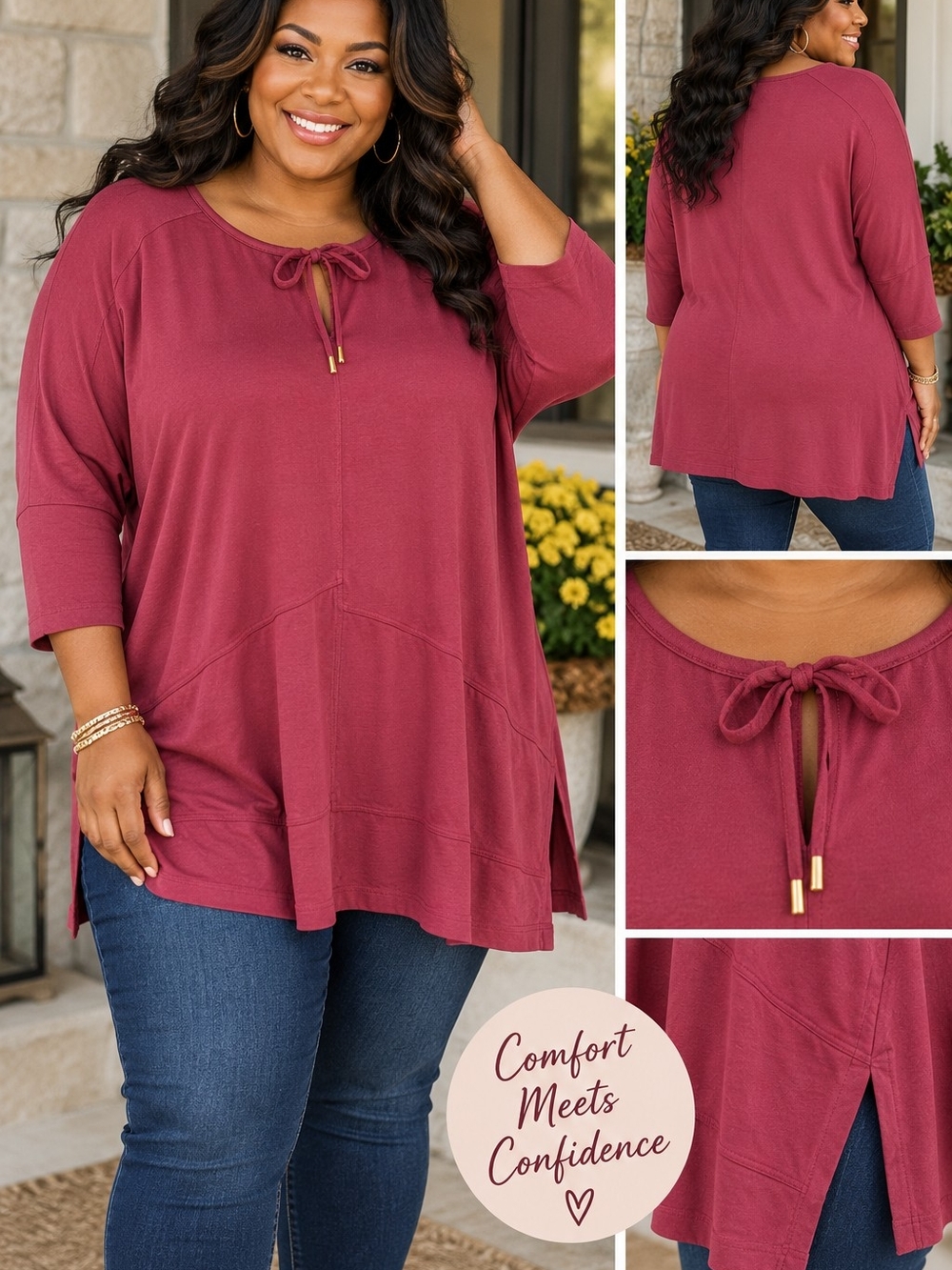 Avenue Plus Size 16 Berry Red Keyhole Tunic Top 3/4 Sleeve Viscose Stretch NWT